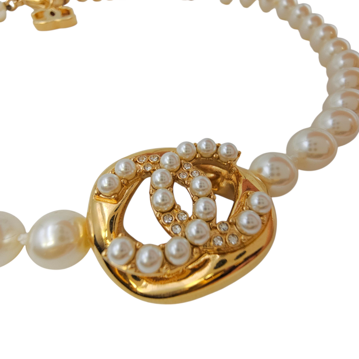 Pearl with CC Logo  Gold Necklace  Gold hardware