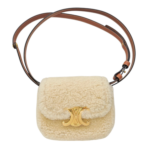 Triomphe Mini Beige Shoulder Bag in Shearling  Gold hardware