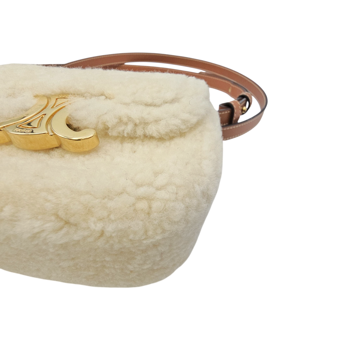 Triomphe Mini Beige Shoulder Bag in Shearling  Gold hardware