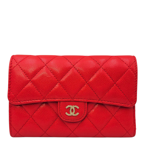Classic Small Flap  Red Wallet in Caviar Leather Light Gold hardware