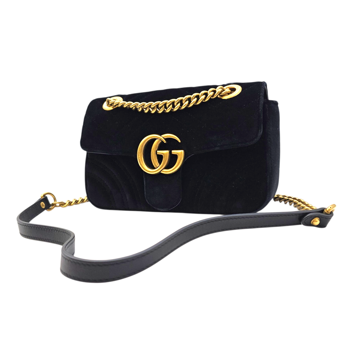 GG Marmont Black Shoulder Bag in Velvet Antique Brass hardware