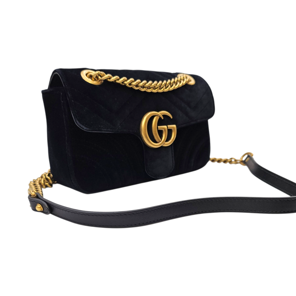 GG Marmont Black Shoulder Bag in Velvet Antique Brass hardware