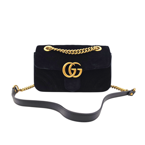 GG Marmont Black Shoulder Bag in Velvet Antique Brass hardware