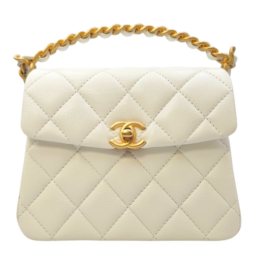 Timeless Flap White Top Handle Bag in Caviar Leather Gold hardware