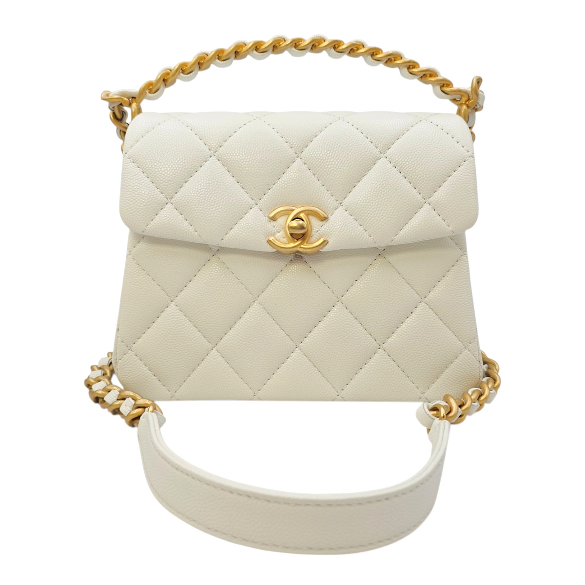 Timeless Flap White Top Handle Bag in Caviar Leather Gold hardware
