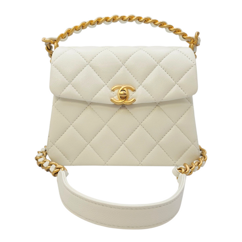 Timeless Flap White Top Handle Bag in Caviar Leather Gold hardware