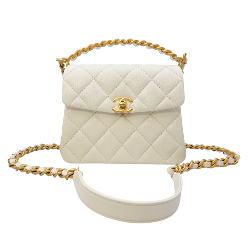 Timeless Flap White Top Handle Bag in Caviar Leather Gold hardware