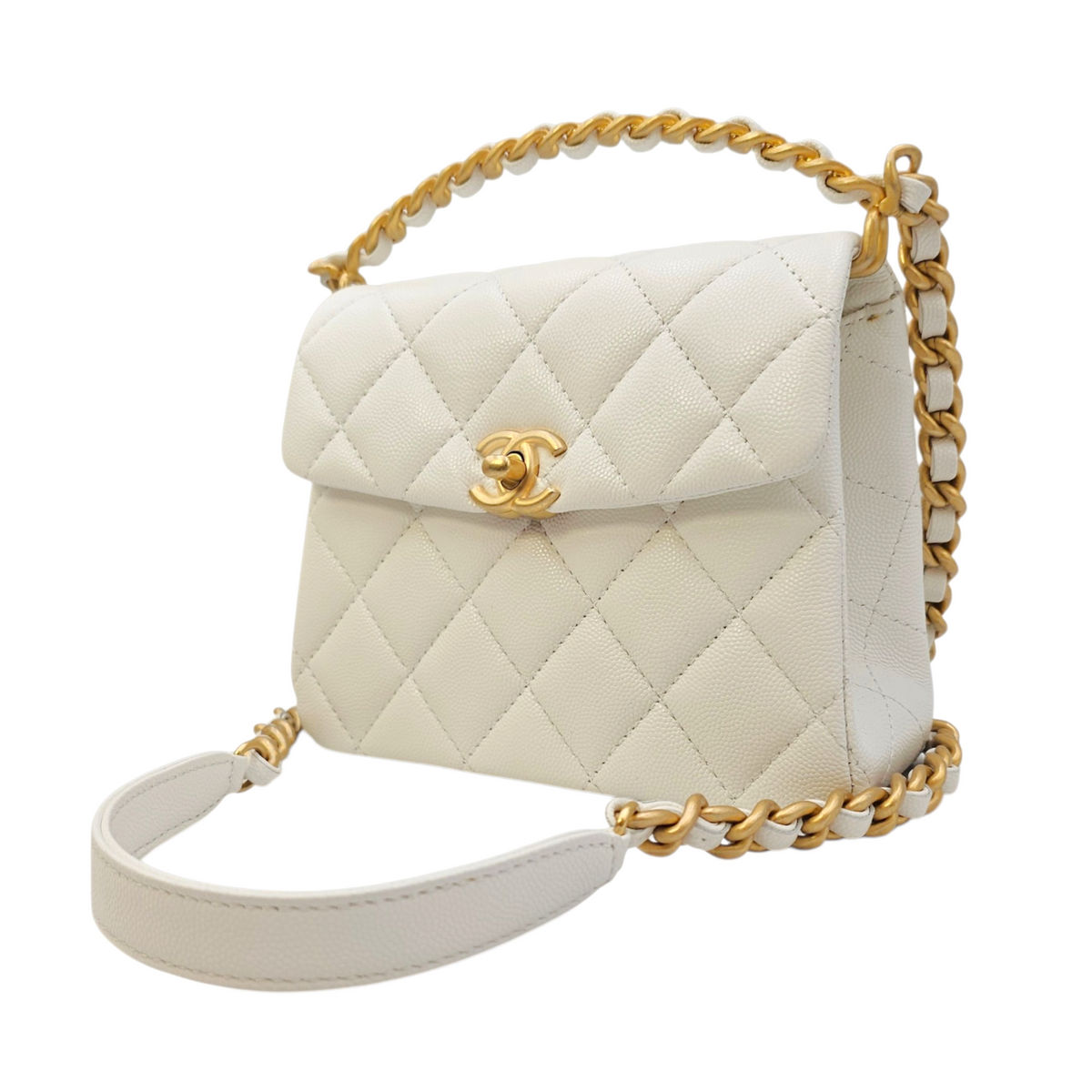 Timeless Flap White Top Handle Bag in Caviar Leather Gold hardware