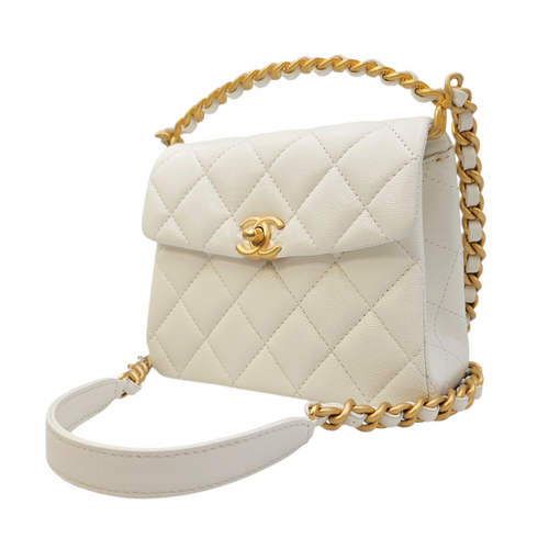 Timeless Flap White Top Handle Bag in Caviar Leather Gold hardware