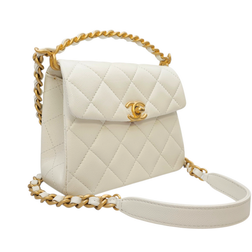 Timeless Flap White Top Handle Bag in Caviar Leather Gold hardware