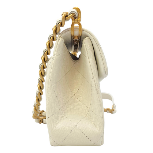 Timeless Flap White Top Handle Bag in Caviar Leather Gold hardware