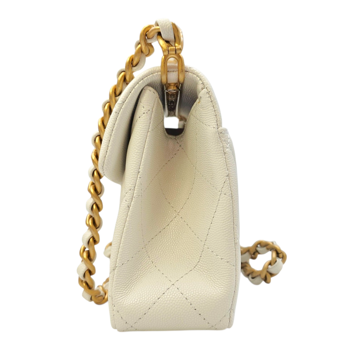 Timeless Flap White Top Handle Bag in Caviar Leather Gold hardware