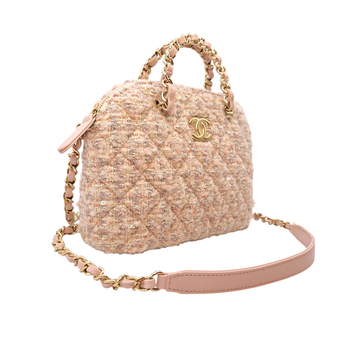 Fantasy Coco Clutch with Chain  Mini Pink Top Handle Bag in Tweed Light Gold hardware