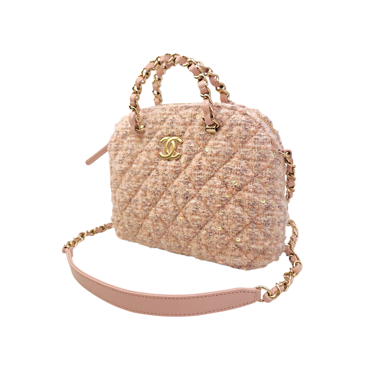 Fantasy Coco Clutch with Chain  Mini Pink Top Handle Bag in Tweed Light Gold hardware
