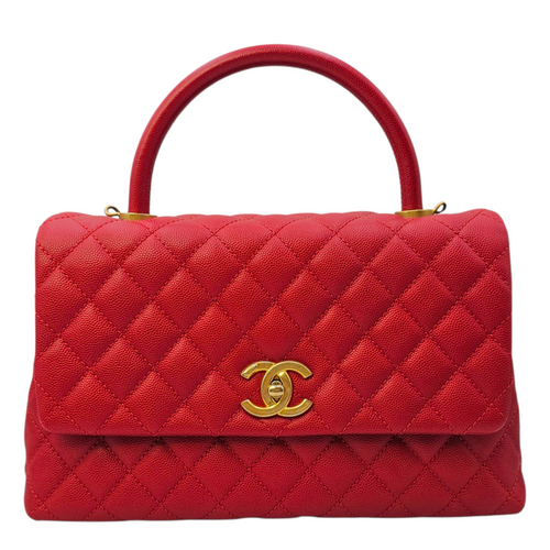 Coco Handle Quilted Medium  Red Top Handle Bag in Caviar Leather Gold hardware