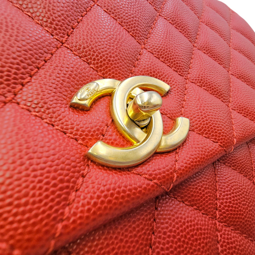 Coco Handle Quilted Medium  Red Top Handle Bag in Caviar Leather Gold hardware