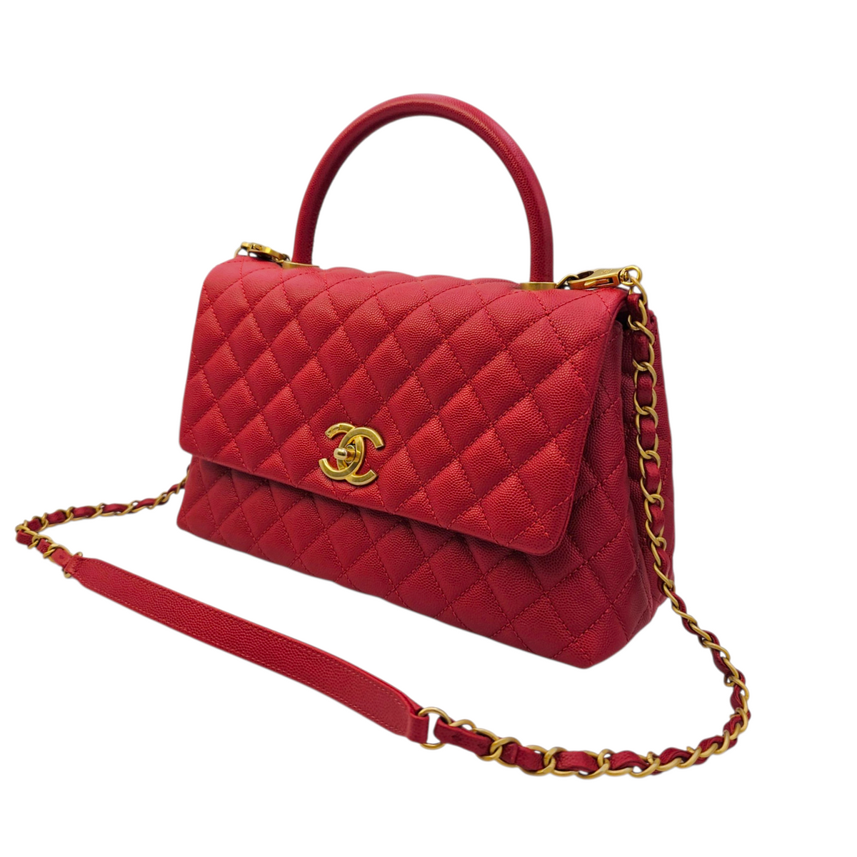 Coco Handle Quilted Medium  Red Top Handle Bag in Caviar Leather Gold hardware