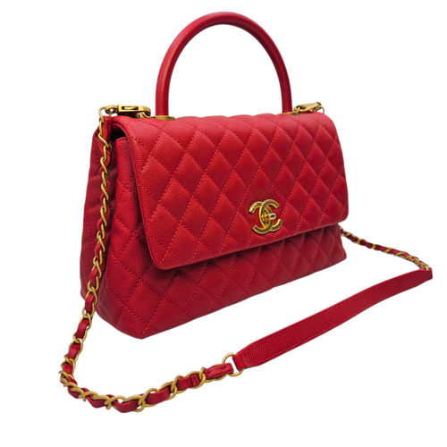 Coco Handle Quilted Medium  Red Top Handle Bag in Caviar Leather Gold hardware