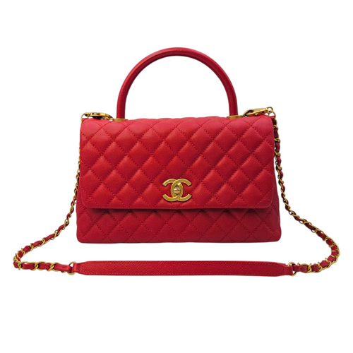 Coco Handle Quilted Medium  Red Top Handle Bag in Caviar Leather Gold hardware