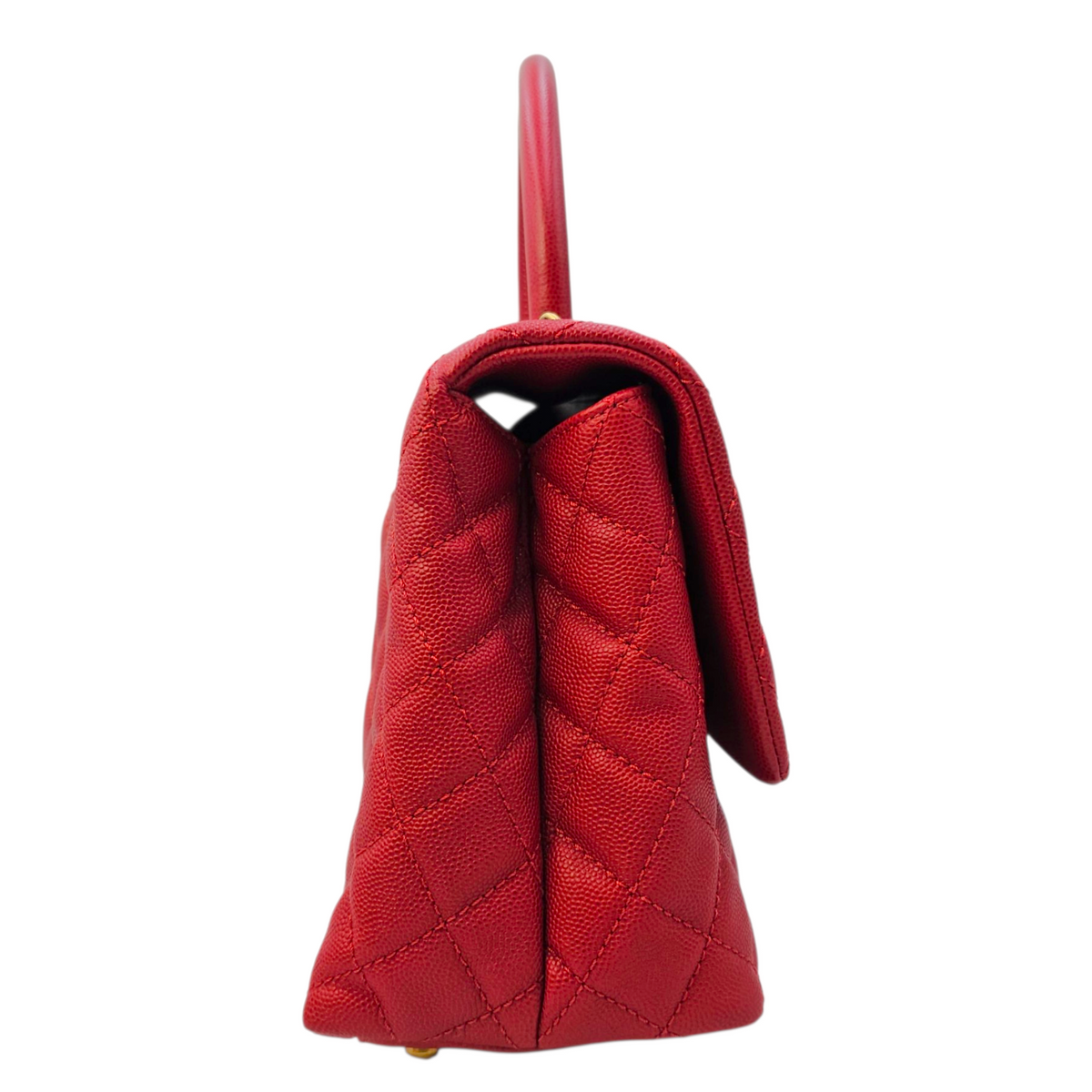 Coco Handle Quilted Medium  Red Top Handle Bag in Caviar Leather Gold hardware
