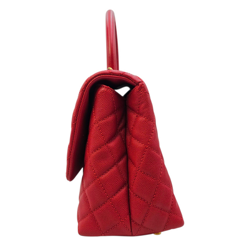 Coco Handle Quilted Medium  Red Top Handle Bag in Caviar Leather Gold hardware