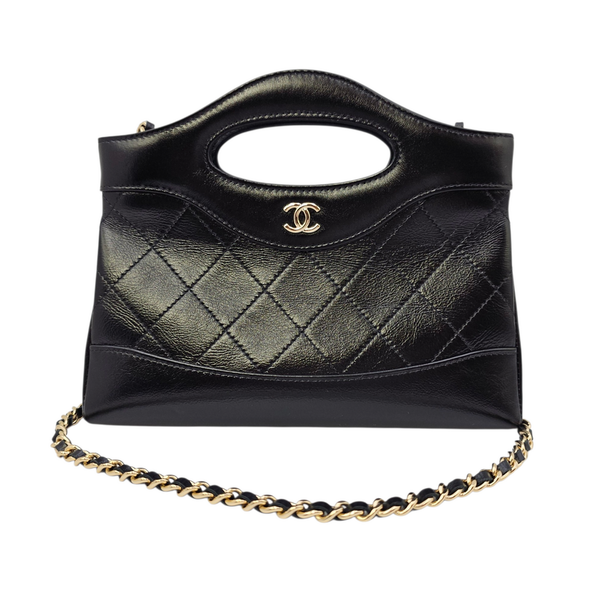 31 Nano  Black Top Handle Bag in Calfskin Light Gold hardware