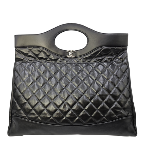 31 Shopping Tote Large Black Top Handle Bag in Calfskin Silver hardware