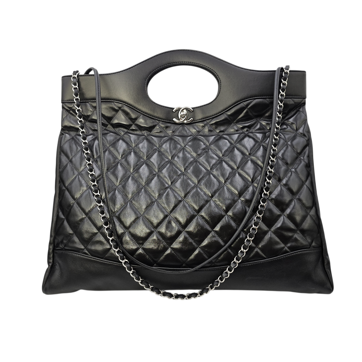 31 Shopping Tote Large Black Top Handle Bag in Calfskin Silver hardware