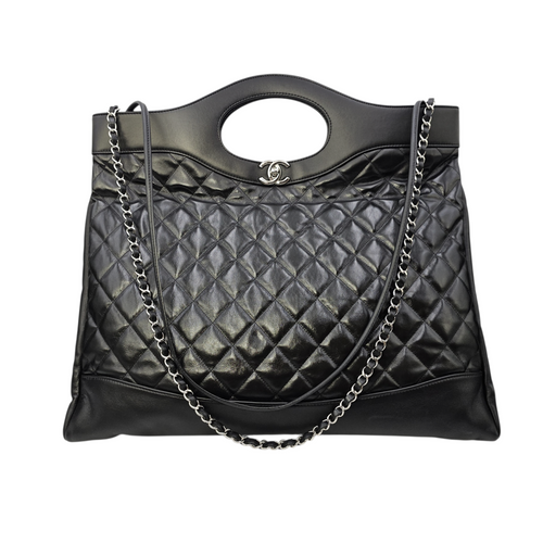 31 Shopping Tote Large Black Top Handle Bag in Calfskin Silver hardware