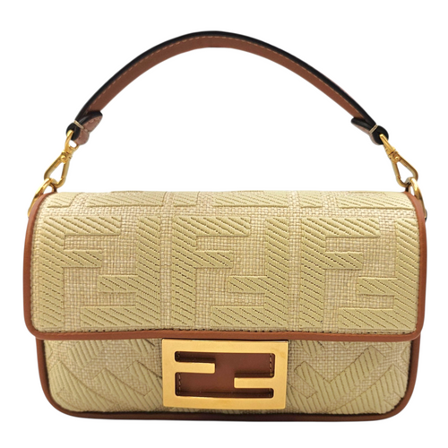 Baguette Beige Shoulder Bag in Raffia Gold hardware