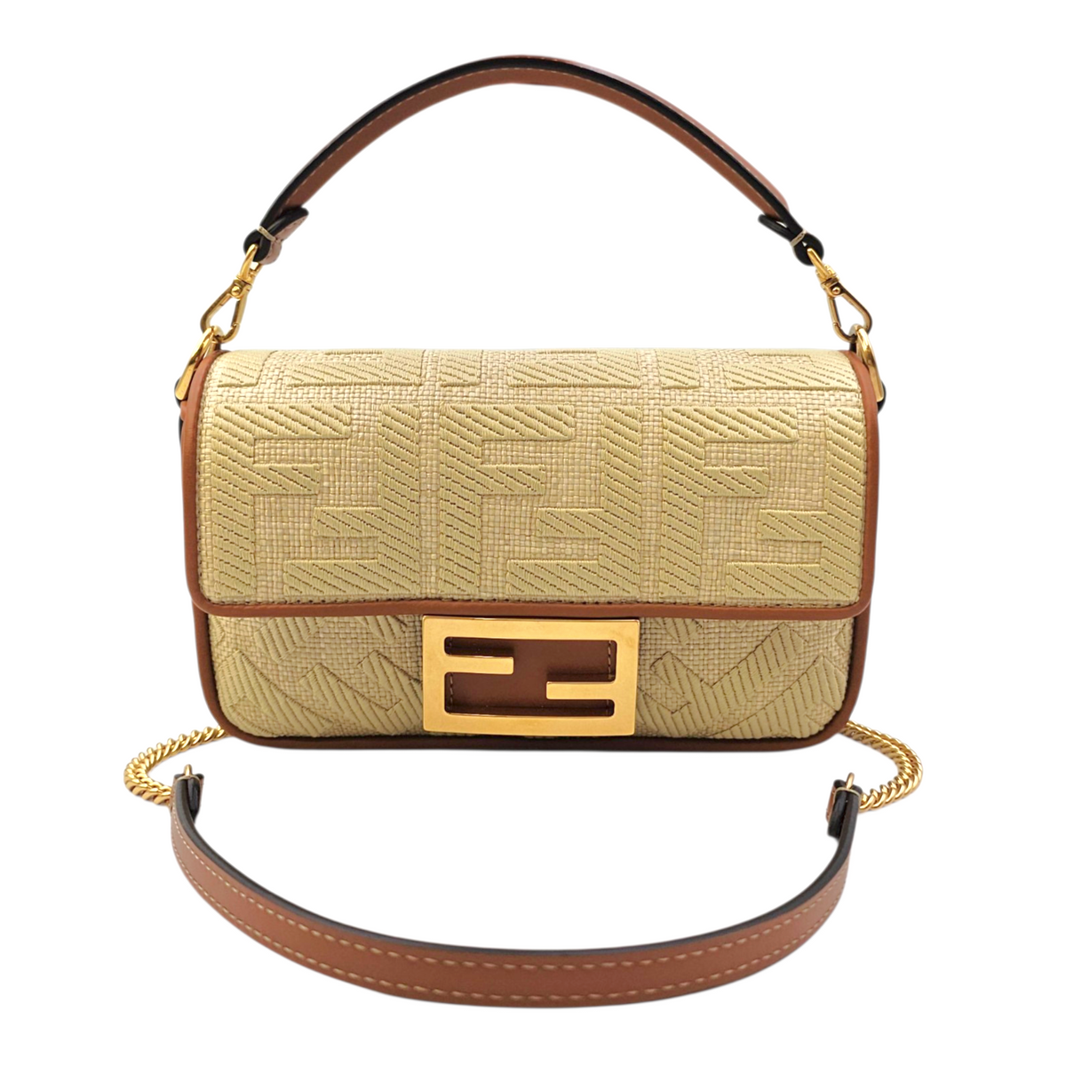 Baguette Beige Shoulder Bag in Raffia Gold hardware