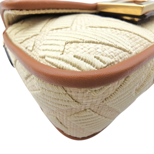 Baguette Beige Shoulder Bag in Raffia Gold hardware