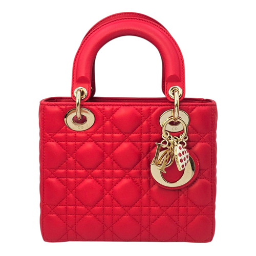 Lady Dior Red Top Handle Bag in Lambskin Light Gold hardware