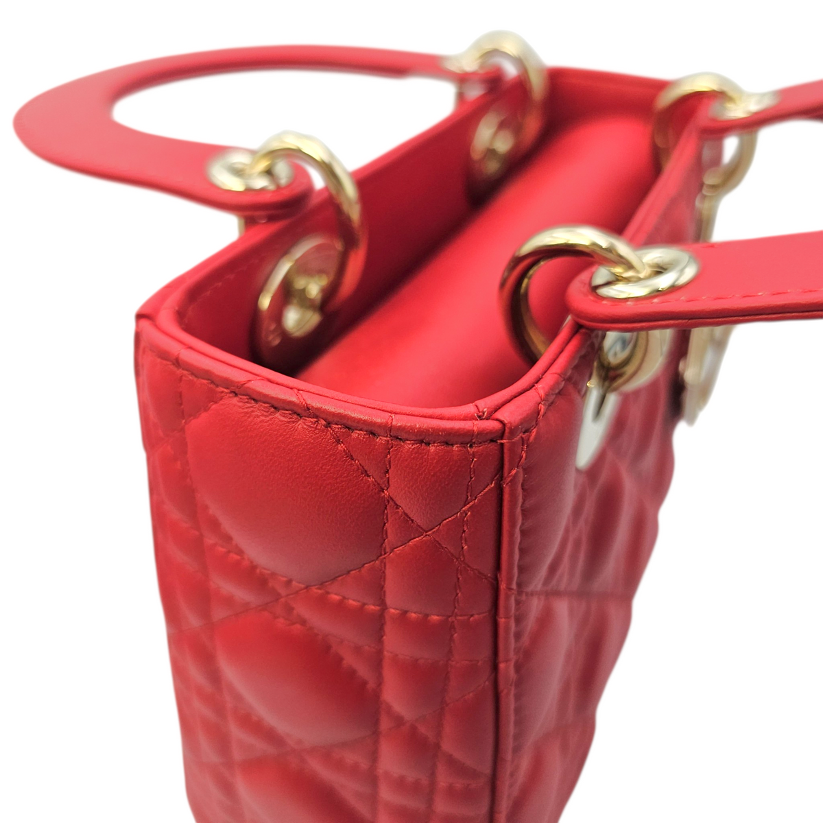Lady Dior Red Top Handle Bag in Lambskin Light Gold hardware