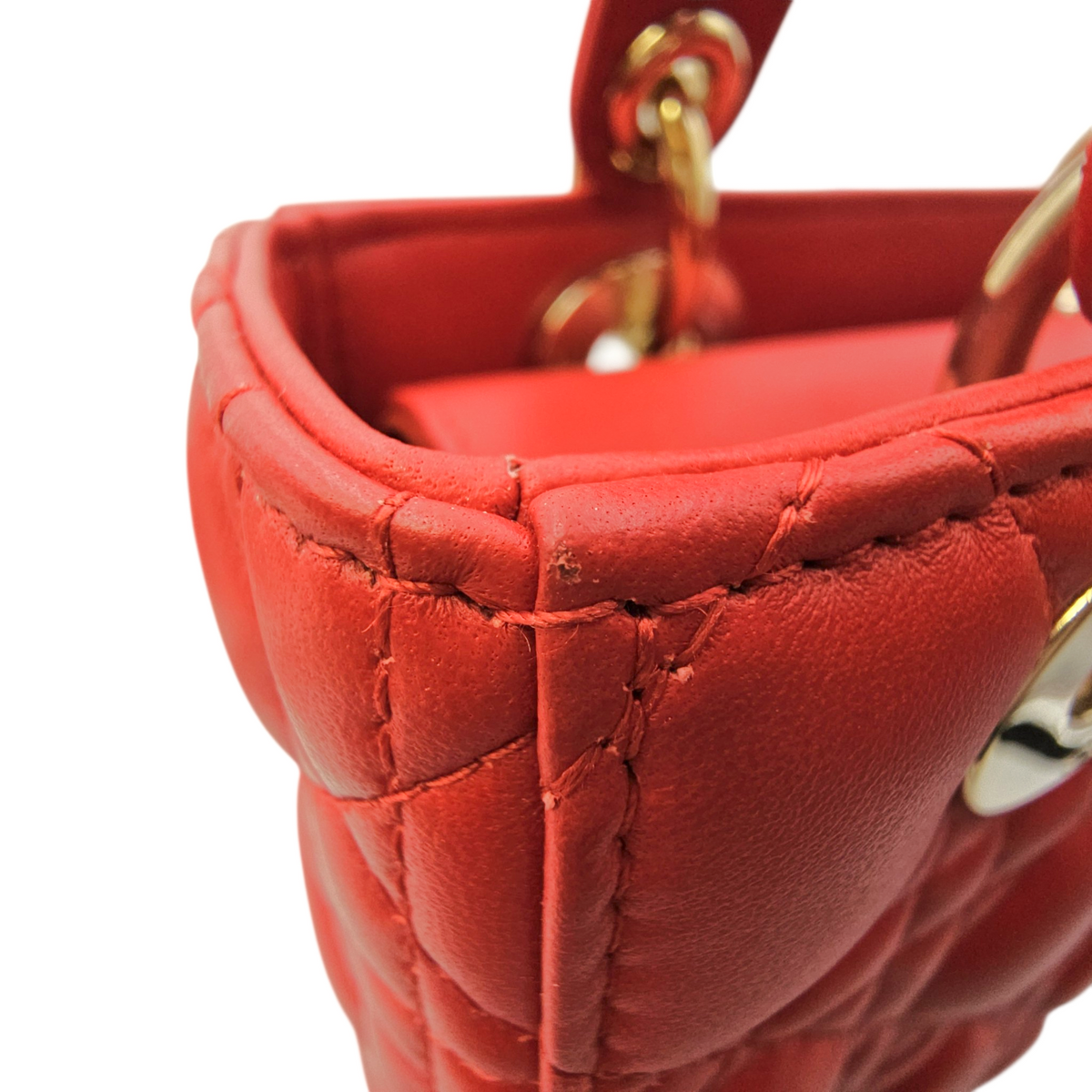 Lady Dior Red Top Handle Bag in Lambskin Light Gold hardware