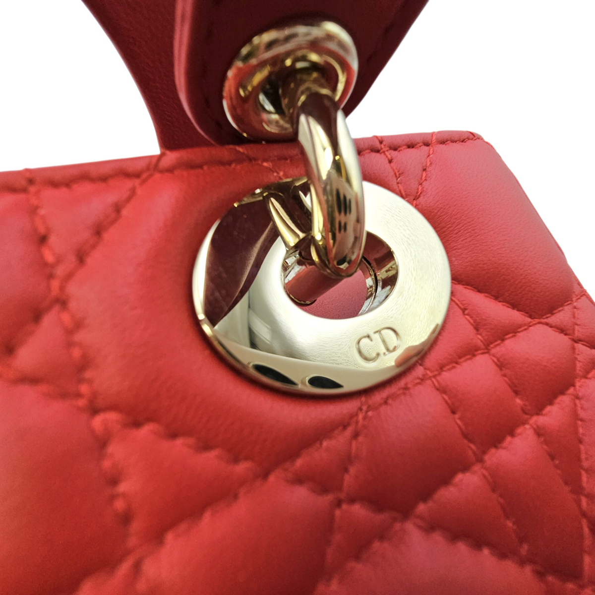 Lady Dior Red Top Handle Bag in Lambskin Light Gold hardware