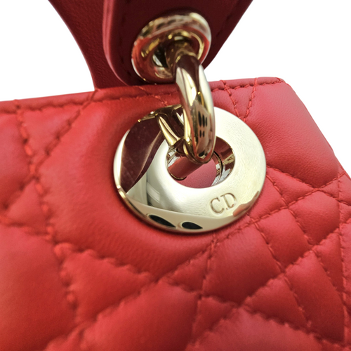 Lady Dior Red Top Handle Bag in Lambskin Light Gold hardware