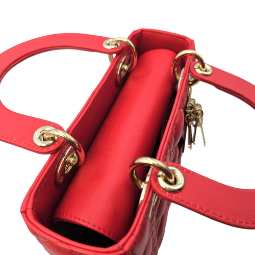 Lady Dior Red Top Handle Bag in Lambskin Light Gold hardware
