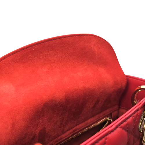 Lady Dior Red Top Handle Bag in Lambskin Light Gold hardware