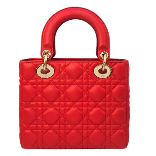 Lady Dior Red Top Handle Bag in Lambskin Light Gold hardware