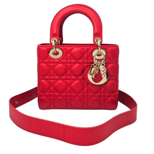 Lady Dior Red Top Handle Bag in Lambskin Light Gold hardware