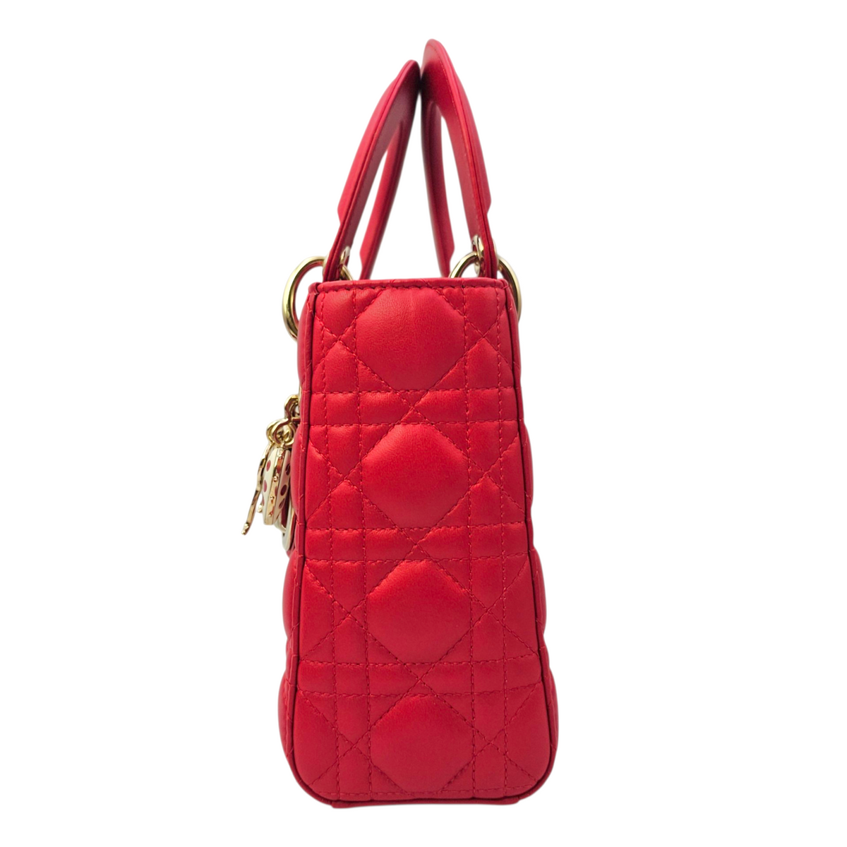 Lady Dior Red Top Handle Bag in Lambskin Light Gold hardware