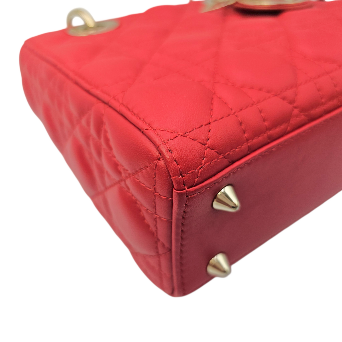 Lady Dior Red Top Handle Bag in Lambskin Light Gold hardware