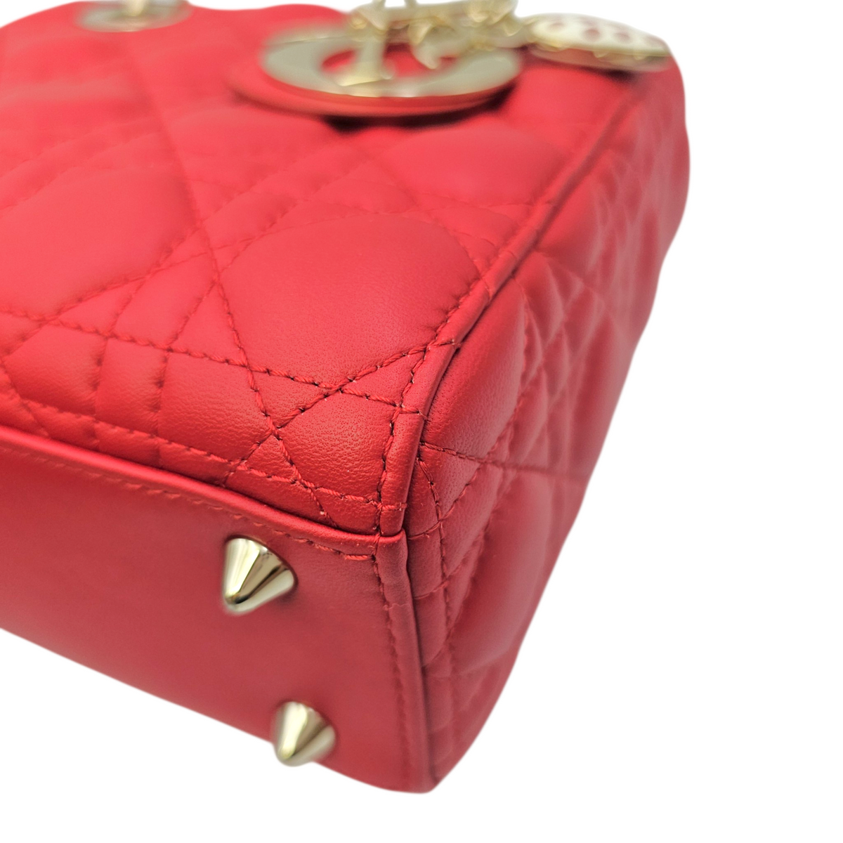 Lady Dior Red Top Handle Bag in Lambskin Light Gold hardware