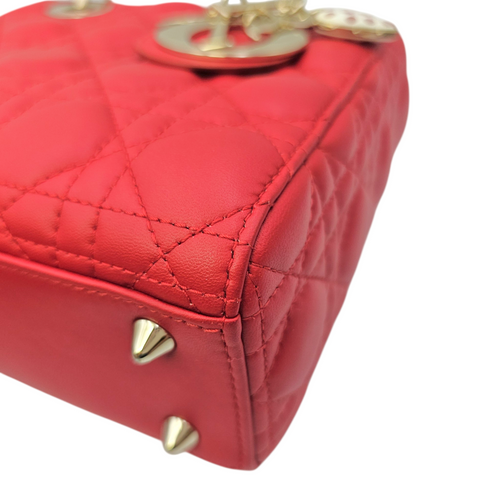 Lady Dior Red Top Handle Bag in Lambskin Light Gold hardware