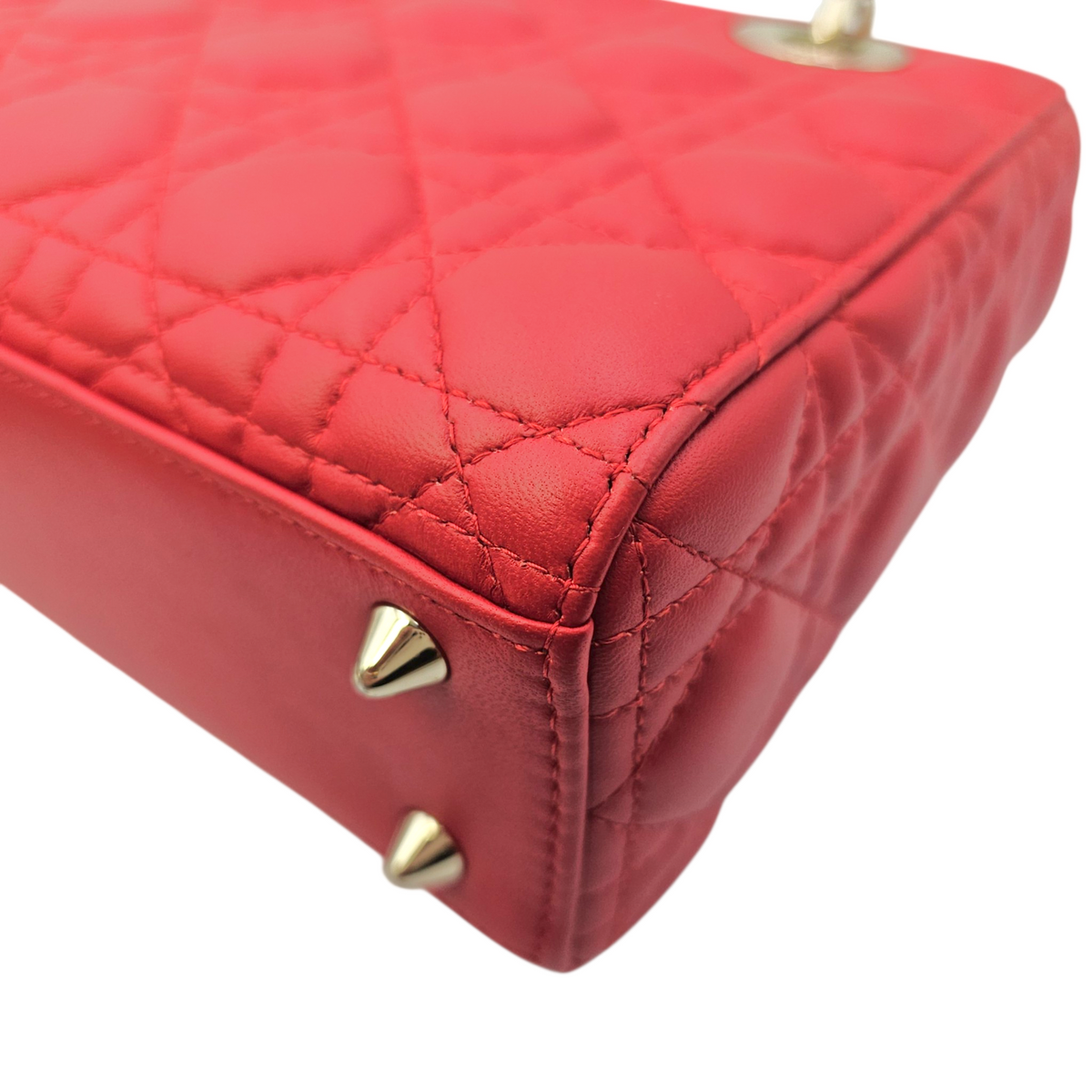 Lady Dior Red Top Handle Bag in Lambskin Light Gold hardware