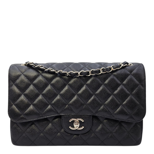 Classic (Double Flap) Jumbo Black Shoulder Bag in Caviar Leather Silver hardware