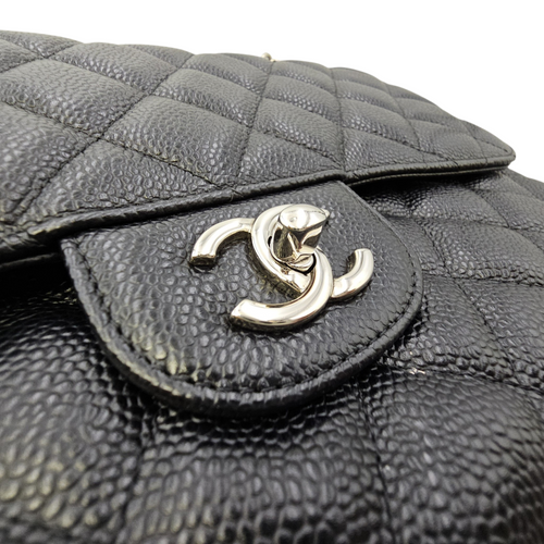 Classic (Double Flap) Jumbo Black Shoulder Bag in Caviar Leather Silver hardware