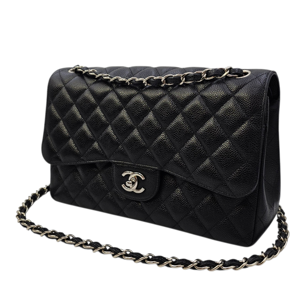 Classic (Double Flap) Jumbo Black Shoulder Bag in Caviar Leather Silver hardware
