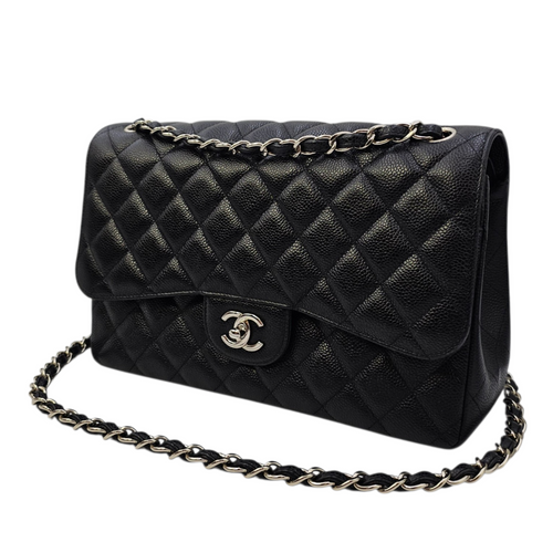 Classic (Double Flap) Jumbo Black Shoulder Bag in Caviar Leather Silver hardware